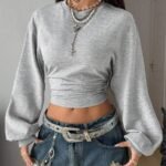 Elorivane Women Gray Solid Pleated Sweatshirt, Asymmetrical Neck Long Sleeve Grunge Fall Pullover