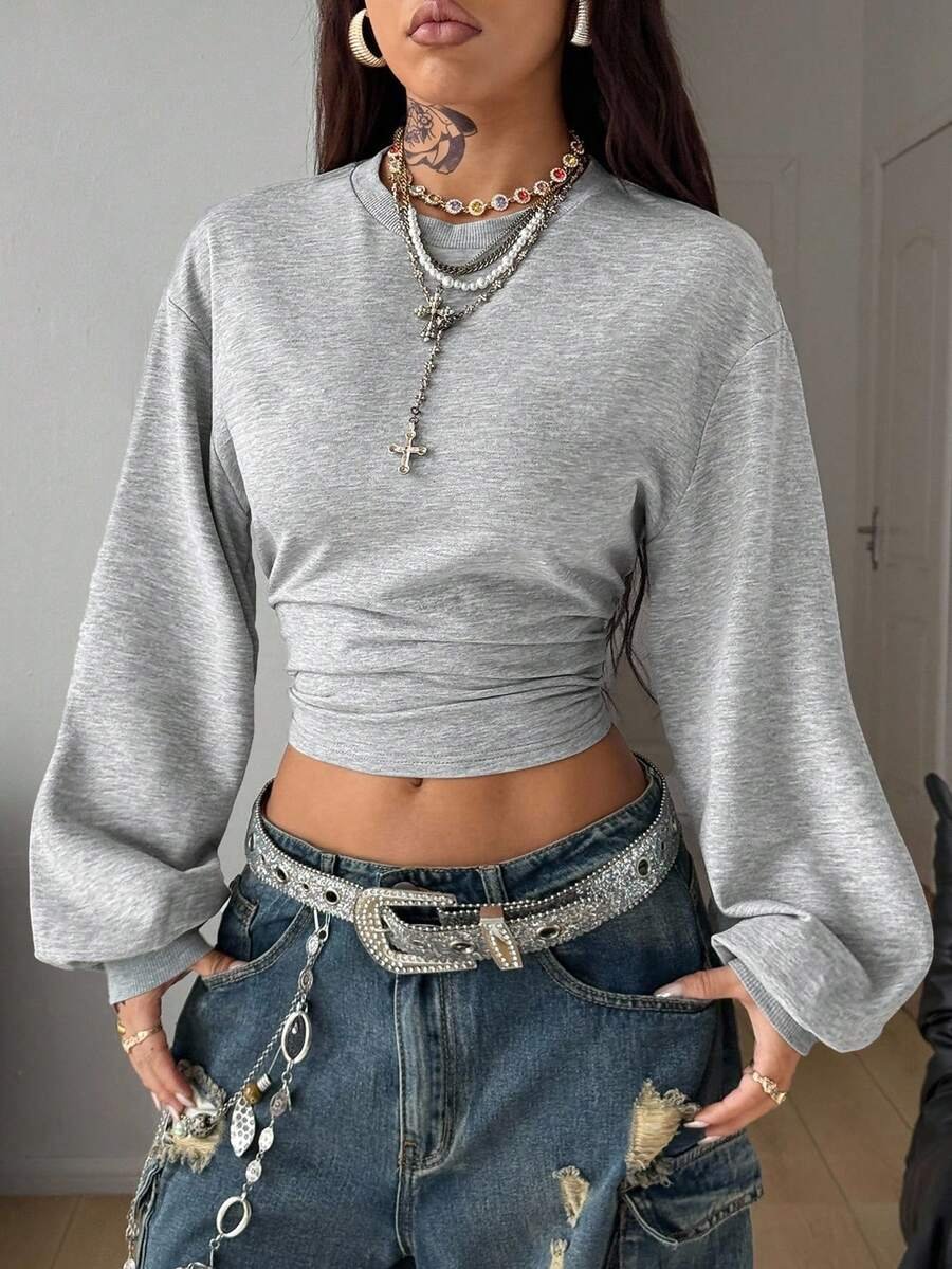 17576663366f98f03d01117a73e601047d4aa6259d_thumbnail_900x Elorivane Women Gray Solid Pleated Sweatshirt, Asymmetrical Neck Long Sleeve Grunge Fall Pullover - Image 1