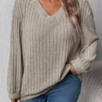 Elorivane Plus Size Loose V-Neck Wide Ribbed Pullover Sweatshirt for Autumn Winter Back To School Graduation Teacher Casual Wear