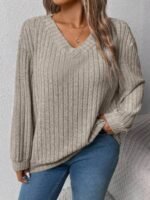 Elorivane Plus Size Loose V-Neck Wide Ribbed Pullover Sweatshirt for Autumn Winter Back To School Graduation Teacher Casual Wear