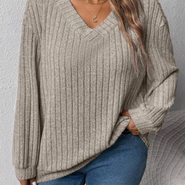 Elorivane Plus Size Loose V-Neck Wide Ribbed Pullover Sweatshirt for Autumn Winter Back To School Graduation Teacher Casual Wear