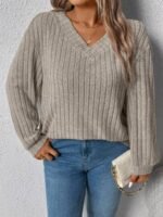 Elorivane Plus Size Loose V-Neck Wide Ribbed Pullover Sweatshirt for Autumn Winter Back To School Graduation Teacher Casual Wear - Image 3