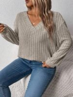 Elorivane Plus Size Loose V-Neck Wide Ribbed Pullover Sweatshirt for Autumn Winter Back To School Graduation Teacher Casual Wear - Image 4