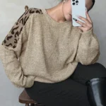 Elorivane Plus Size Leopard Print Patchwork Sweater, Crew Neck Long Sleeve Loose Casual Autumn Winter School Top
