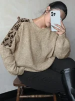 Elorivane Plus Size Leopard Print Patchwork Sweater, Crew Neck Long Sleeve Loose Casual Autumn Winter School Top