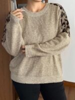 Elorivane Plus Size Leopard Print Patchwork Sweater, Crew Neck Long Sleeve Loose Casual Autumn Winter School Top - Image 3