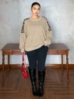 Elorivane Plus Size Leopard Print Patchwork Sweater, Crew Neck Long Sleeve Loose Casual Autumn Winter School Top - Image 4