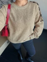Elorivane Plus Size Leopard Print Patchwork Sweater, Crew Neck Long Sleeve Loose Casual Autumn Winter School Top - Image 5