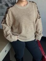 Elorivane Plus Size Leopard Print Patchwork Sweater, Crew Neck Long Sleeve Loose Casual Autumn Winter School Top - Image 6