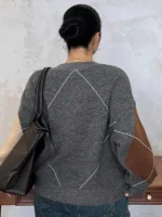 Elorivane Plus Size Color Block Sweater, V-Neck Diamond Pattern Loose Pullover Autumn Winter School Top - Image 2