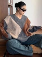 Elorivane Plus Size Color Block Sweater, V-Neck Diamond Pattern Loose Pullover Autumn Winter School Top