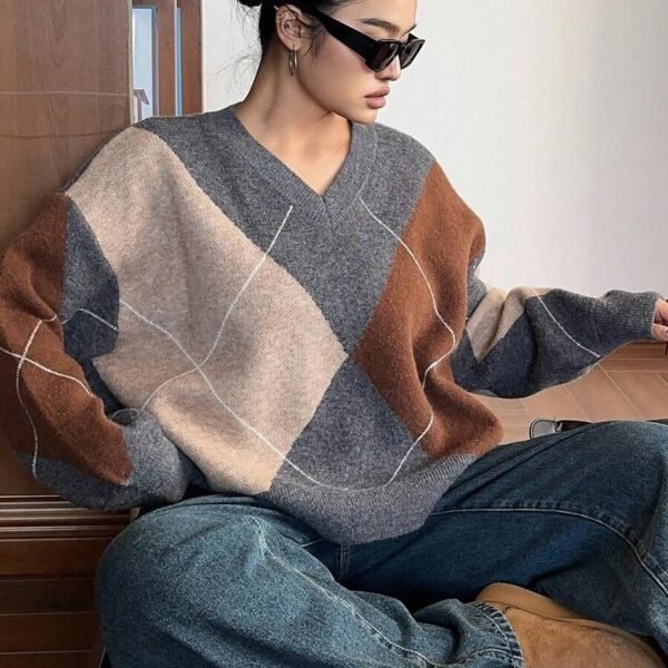 Elorivane Plus Size Color Block Sweater, V-Neck Diamond Pattern Loose Pullover Autumn Winter School Top