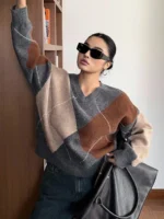 Elorivane Plus Size Color Block Sweater, V-Neck Diamond Pattern Loose Pullover Autumn Winter School Top - Image 4