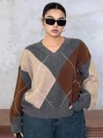 Elorivane Plus Size Color Block Sweater, V-Neck Diamond Pattern Loose Pullover Autumn Winter School Top - Image 5