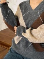 Elorivane Plus Size Color Block Sweater, V-Neck Diamond Pattern Loose Pullover Autumn Winter School Top - Image 7