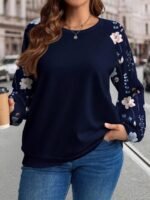 Elorivane Plus Size Floral Print Patchwork Sweatshirt for Fall Winter Casual Wear