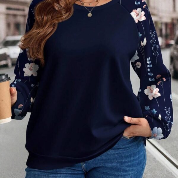 Elorivane Plus Size Floral Print Patchwork Sweatshirt for Fall Winter Casual Wear