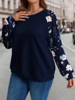 Elorivane Plus Size Floral Print Patchwork Sweatshirt for Fall Winter Casual Wear - Image 3
