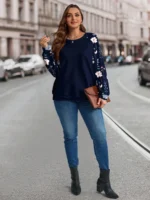 Elorivane Plus Size Floral Print Patchwork Sweatshirt for Fall Winter Casual Wear - Image 4