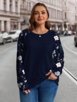 Elorivane Plus Size Floral Print Patchwork Sweatshirt for Fall Winter Casual Wear - Image 5