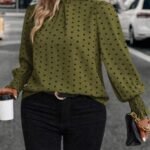 Elorivane Plus Size Woven Polka Dot Long Sleeve Shirt for Autumn Casual Wear