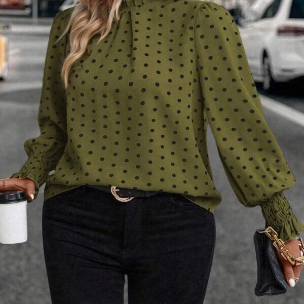 Elorivane Plus Size Woven Polka Dot Long Sleeve Shirt for Autumn Casual Wear
