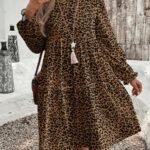 Elorivane Plus Size Vintage Leopard Print Crew Neck Loose Dress for Fall Everyday Commute