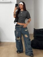 Elorivane Women Dark Grey Ruched Crop Tee, Loose Stretchy Y2K Grunge Summer Streetwear Top - Image 23