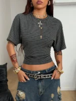 Elorivane Women Dark Grey Ruched Crop Tee, Loose Stretchy Y2K Grunge Summer Streetwear Top - Image 27