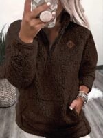 Elorivane Women's White Teddy Sherpa Pullover, Pocket Design Casual Long Sleeve Fall Winter Top - Image 6