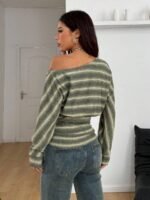 Elorivane Women Green Striped Asymmetrical Shoulder Top, Stretchy Long Sleeve Y2K Streetwear Tee - Image 6