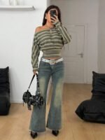 Elorivane Women Green Striped Asymmetrical Shoulder Top, Stretchy Long Sleeve Y2K Streetwear Tee - Image 5