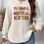 Elorivane Plus Size White Crew Neck Waffle Long Sleeve Sweatshirt Thanksgiving Letter Graphic Print for Autumn Winter Smart Casual Everyday Wear