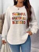 Elorivane Plus Size White Crew Neck Waffle Long Sleeve Sweatshirt Thanksgiving Letter Graphic Print for Autumn Winter Smart Casual Everyday Wear