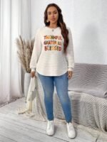Elorivane Plus Size White Crew Neck Waffle Long Sleeve Sweatshirt Thanksgiving Letter Graphic Print for Autumn Winter Smart Casual Everyday Wear - Image 3