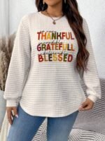 Elorivane Plus Size White Crew Neck Waffle Long Sleeve Sweatshirt Thanksgiving Letter Graphic Print for Autumn Winter Smart Casual Everyday Wear - Image 4