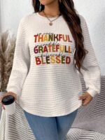 Elorivane Plus Size White Crew Neck Waffle Long Sleeve Sweatshirt Thanksgiving Letter Graphic Print for Autumn Winter Smart Casual Everyday Wear - Image 5