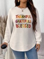 Elorivane Plus Size White Crew Neck Waffle Long Sleeve Sweatshirt Thanksgiving Letter Graphic Print for Autumn Winter Smart Casual Everyday Wear - Image 7