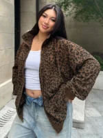 Elorivane Plus Size Leopard Sweatshirt, Zip-Up Loose Street Style Pullover Top - Image 9