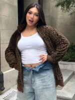 Elorivane Plus Size Leopard Sweatshirt, Zip-Up Loose Street Style Pullover Top - Image 11