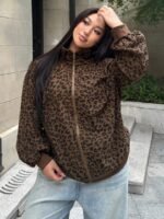 Elorivane Plus Size Leopard Sweatshirt, Zip-Up Loose Street Style Pullover Top - Image 13