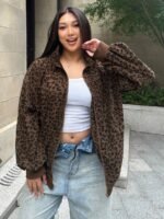 Elorivane Plus Size Leopard Sweatshirt, Zip-Up Loose Street Style Pullover Top - Image 15