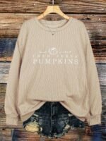 Elorivane Plus Size Letter Graphic Embroidered Corduroy Crew Neck Sweatshirt for Autumn Winter Halloween - Image 4