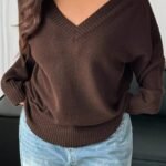 Elorivane Plus Size V-Neck Sweater, Loose Thick Casual Autumn Winter Pullover Top