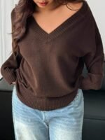 Elorivane Plus Size V-Neck Sweater, Loose Thick Casual Autumn Winter Pullover Top