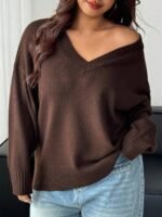 Elorivane Plus Size V-Neck Sweater, Loose Thick Casual Autumn Winter Pullover Top - Image 3