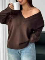 Elorivane Plus Size V-Neck Sweater, Loose Thick Casual Autumn Winter Pullover Top - Image 4