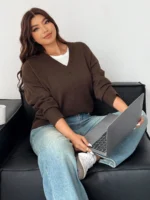 Elorivane Plus Size V-Neck Sweater, Loose Thick Casual Autumn Winter Pullover Top - Image 5