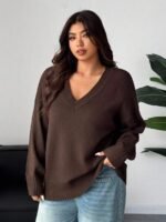 Elorivane Plus Size V-Neck Sweater, Loose Thick Casual Autumn Winter Pullover Top - Image 6