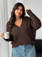 Elorivane Plus Size V-Neck Sweater, Loose Thick Casual Autumn Winter Pullover Top - Image 8